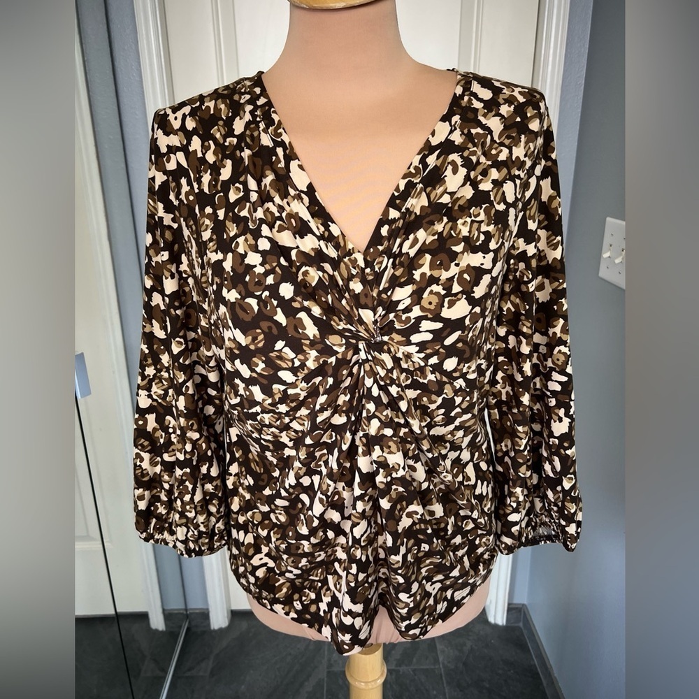 Rafaella‎ Leopard Print Twist Front V Neck Stretch Blouse Top